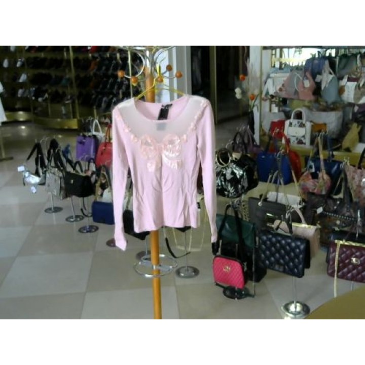 Блуза длиный рукав открытое декольте спереди сетка + декоративный бантик в паетках [розовый]