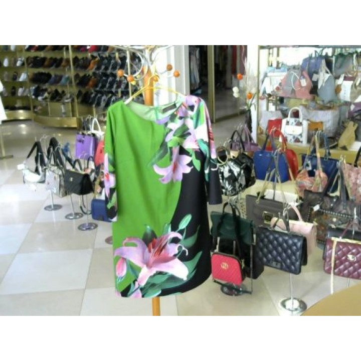 Платье  [зеленый] розовые линии и черные вставки рукав 3/4 прямое Eleni Viare (05577-Д)